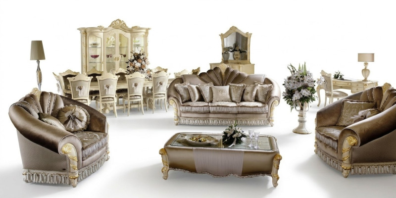 Muebles de lujo Juego de sofás Sofá Tapizado de 3 plazas + 2 sillones + Mesa de centro de madera nuevo