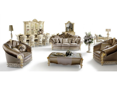 Muebles de lujo Juego de sofás Sofá Tapizado de 3 plazas + 2 sillones + Mesa de centro de madera nuevo