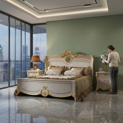Set de muebles de dormitorio - cama con dos mesitas de noche en un diseño moderno