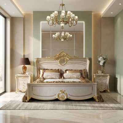 Set de muebles de dormitorio - cama con dos mesitas de noche en un diseño moderno