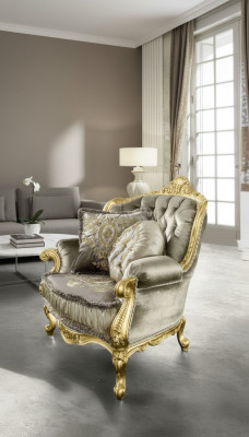 Sillón Relajante Tela Salón Club Tapizado Diseño Sofá Asiento Lujo Oro Nuevo