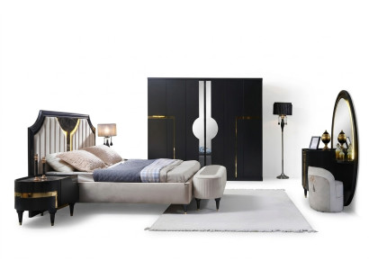 Dormitorio Cama Mesita de noche Armario Cómoda Espejo Taburete Negro 7 piezas