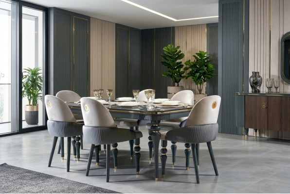Conjunto de comedor Lehn terciopelo textil Silla 6x sillas Grupo Set Vivienda madera Real
