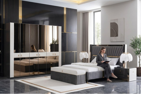 Dormitorio Juego completo Cama Mesita de noche Taburete 5 piezas Diseño Muebles de madera Conjuntos Nuevo