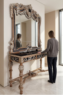 Espejo de pared estilo rústico, tocador con espejo en forma de consola, mesa consola marrón