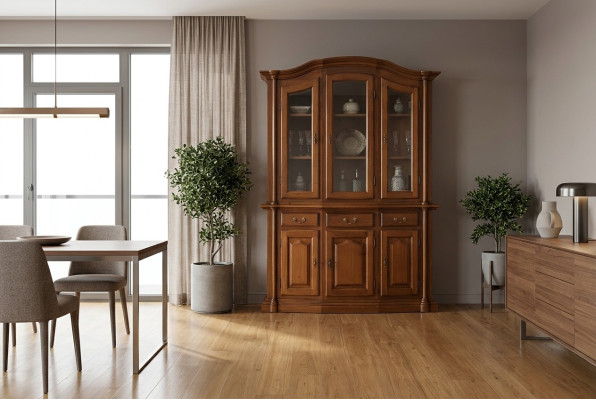 Vitrina de madera maciza para muebles de salón, aparador de madera maciza con puertas de vidrio.