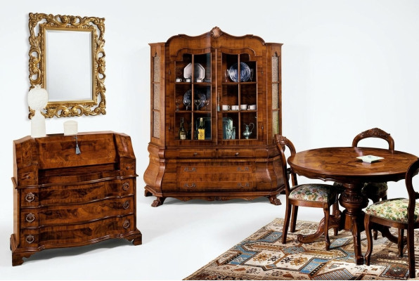 Conjunto completo de comedor: mesa, 3 sillas, vitrina, cómoda, juego de 6 piezas estilo barroco.