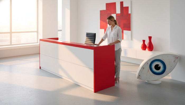 Recepción de mobiliario de oficina. Mostradores de recepción de oficina. Mostrador de mesa bufete práctica Frezza muebles de recepción.