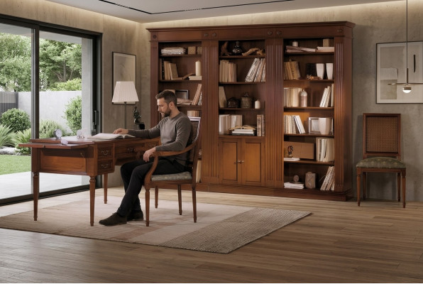 Escritorio y silla de madera con apoyabrazos. Librero. Juego de muebles de oficina diseño 3 piezas.