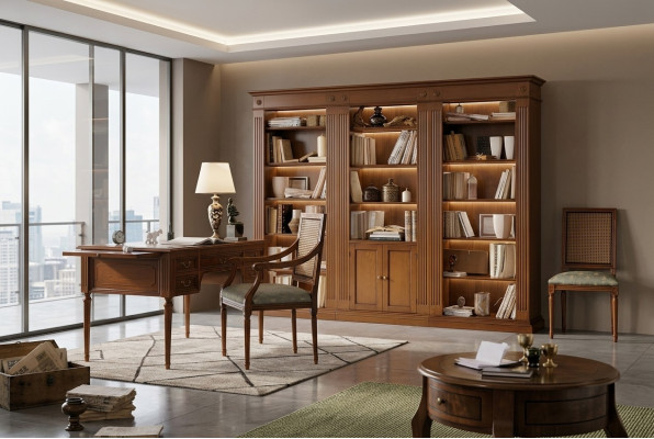 Escritorio y silla de madera con apoyabrazos. Librero. Juego de muebles de oficina diseño 3 piezas.