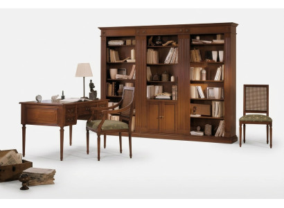 Escritorio y silla de madera con apoyabrazos. Librero. Juego de muebles de oficina diseño 3 piezas.