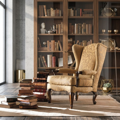 Silla de biblioteca, sillón de lectura, orejero, sofá, tapizado, muebles italianos, lujo.