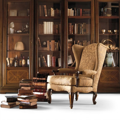 Silla de biblioteca, sillón de lectura, orejero, sofá, tapizado, muebles italianos, lujo.
