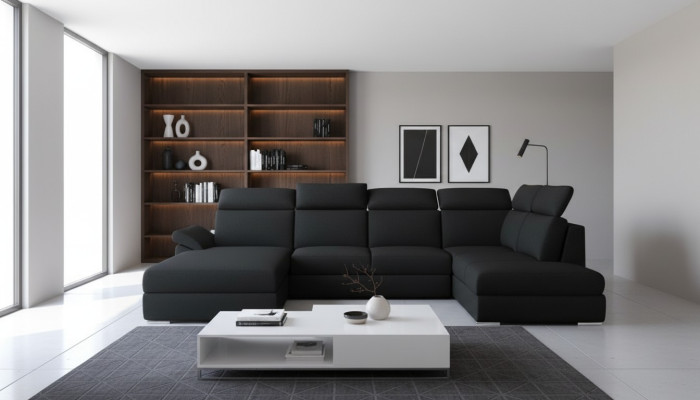 Sofá de esquina de tela, conjunto de esquinero en forma de U, sofá, diseño de sofá, tapizado de tela moderno.