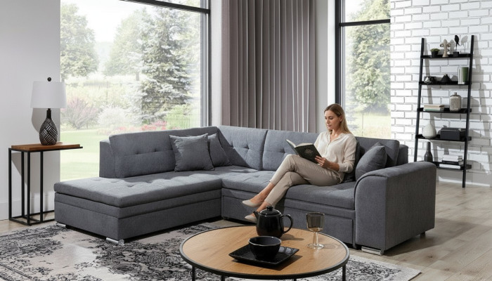 Sofá esquinero en forma de L, sala de estar de diseño, sofá, sofá, tapicería, conjunto de asientos, textil.
