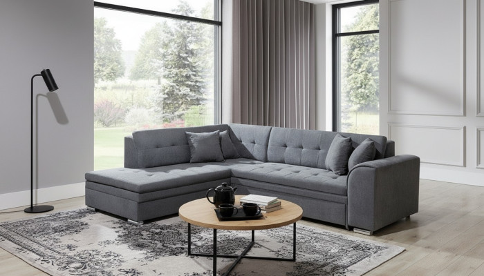 Sofá esquinero en forma de L, sala de estar de diseño, sofá, sofá, tapicería, conjunto de asientos, textil.