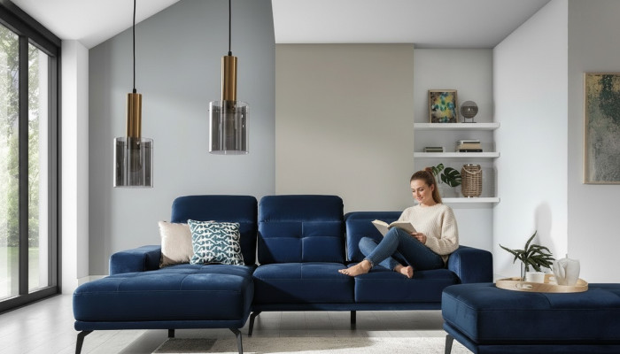 Sofá de diseño Sofá Esquinero Textil Sofá Conjunto de Tapicería Sofá en forma de L Azul.