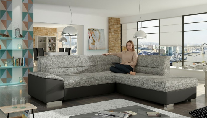 Sofá esquinero de tela en forma de L, sofá, diseño, acolchado, moderno, tela, cojín de asiento, grupo.