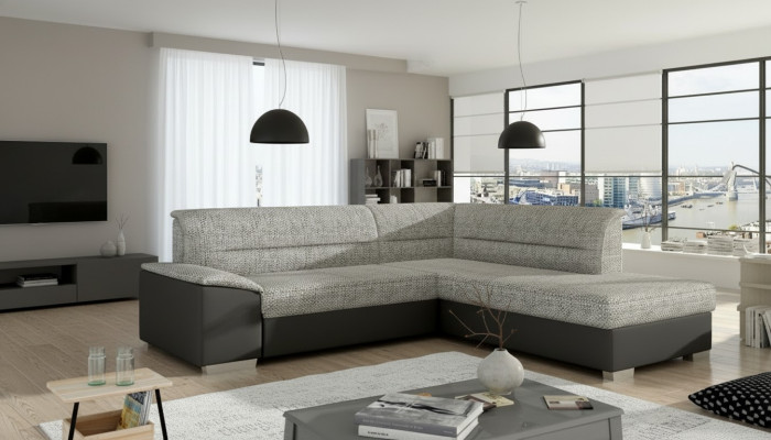 Sofá esquinero de tela en forma de L, sofá, diseño, acolchado, moderno, tela, cojín de asiento, grupo.