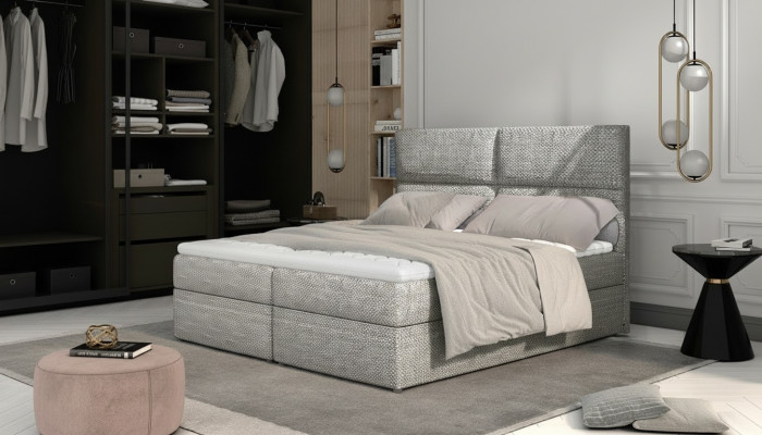 Cama de dormitorio de lujo con diseño acolchado de lujo, decoración de hotel doble de lujo.