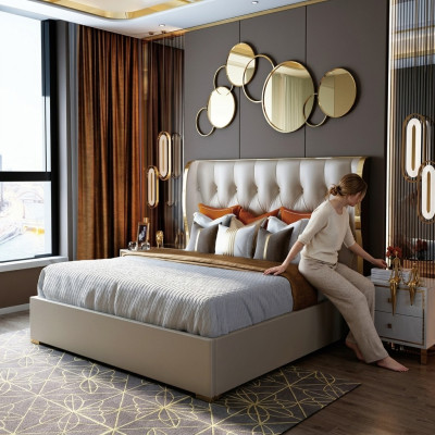 Cama doble de diseñador para hotel de lujo en cuero de 180/200x200 cm.