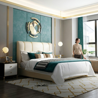 Lujo cama dormitorio Cuero italiano Camas dobles Diseño de metal
