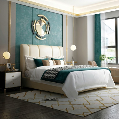 Lujo cama dormitorio Cuero italiano Camas dobles Diseño de metal