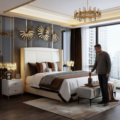 Habitación de lujo cama acolchada diseño decorativo lujo doble hotel camas matrimoniales