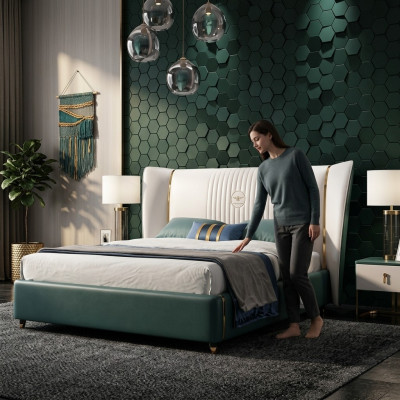 Dormitorio de lujo Cama doble Cama 180/200x200cm Cuero Metal Nuevo
