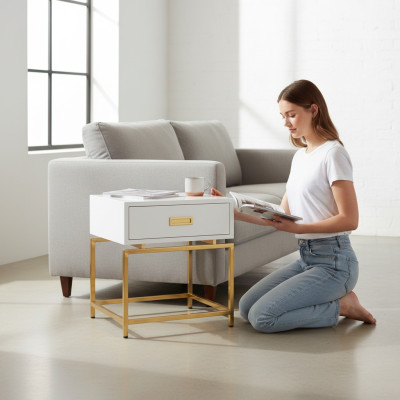 Mesa de noche, mesita de noche, cómoda, decoración, mesa auxiliar, consola, alto brillo, dorado.