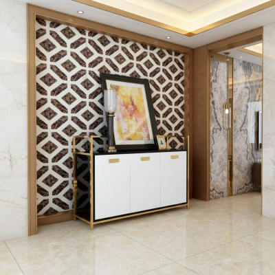 Diseño de cómoda de lujo de acero inoxidable con estantes decorativos.