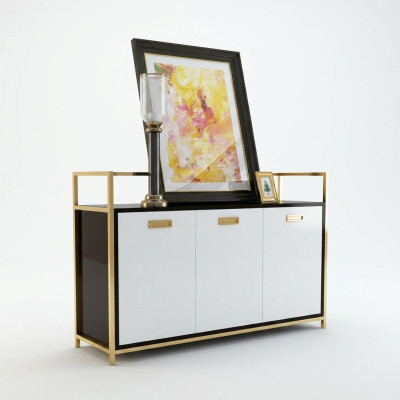 Diseño de cómoda de lujo de acero inoxidable con estantes decorativos.