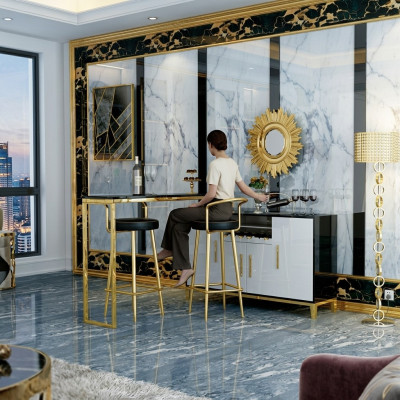 Casa bar de lujo de acero inoxidable y cristal de 4 piezas. Juego de barra con mesa alta, 2 taburetes y armario.