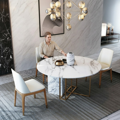 Diseño de mesa de comedor de madera con elementos de acero inoxidable, mesas decorativas, muebles de comedor.