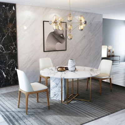 Diseño de mesa de comedor de madera con elementos de acero inoxidable, mesas decorativas, muebles de comedor.