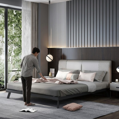 Diseño de cama de cuero de lujo con marco de metal dorado, cama tapizada de hotel 180x200 cm en gris.
