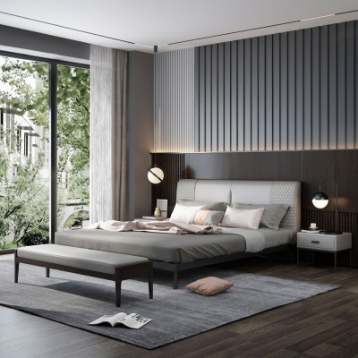Diseño de cama de cuero de lujo con marco de metal dorado, cama tapizada de hotel 180x200 cm en gris.