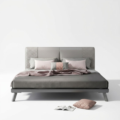 Diseño de cama de cuero de lujo con marco de metal dorado, cama tapizada de hotel 180x200 cm en gris.