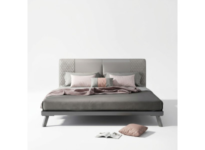 Diseño de cama de cuero de lujo con marco de metal dorado, cama tapizada de hotel 180x200 cm en gris.