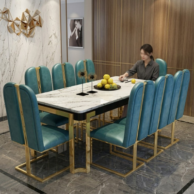 Mesa de comedor de lujo, mesa de metal, mesas de diseñador, muebles de conferencia de mármol.