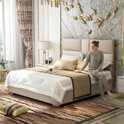Diseño de cama de cuero de lujo con estructura de metal dorado, cama tapizada de hotel de 180x200cm.