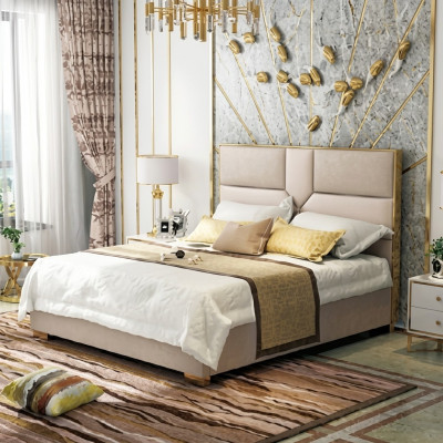 Diseño de cama de cuero de lujo con estructura de metal dorado, cama tapizada de hotel de 180x200cm.