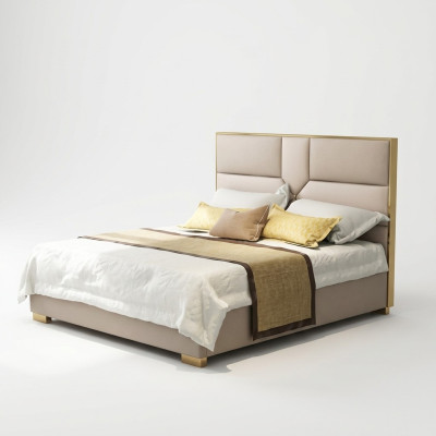 Diseño de cama de cuero de lujo con estructura de metal dorado, cama tapizada de hotel de 180x200cm.