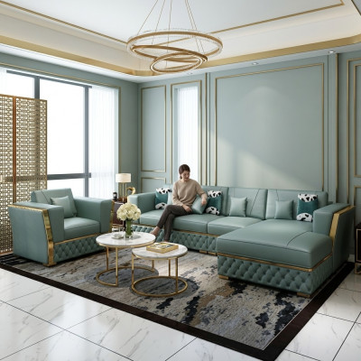 Conjunto de sofá de esquina en forma de L con decoración moderna de sillón de sala de estar en cuero.