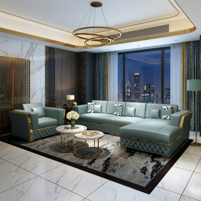 Conjunto de sofá de esquina en forma de L con decoración moderna de sillón de sala de estar en cuero.