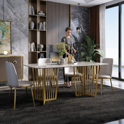 Mesa de comedor de lujo de cuero + acero inoxidable imitación mármol mesa de comedor de piedra