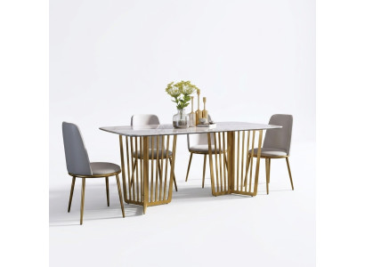 Mesa de comedor de lujo de cuero + acero inoxidable imitación mármol mesa de comedor de piedra