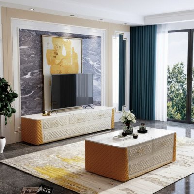 Mueble de televisión, aparador TV RTV XL, mesa de centro imitación mármol 2 piezas