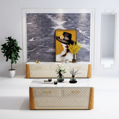 Mueble de televisión, aparador TV RTV XL, mesa de centro imitación mármol 2 piezas