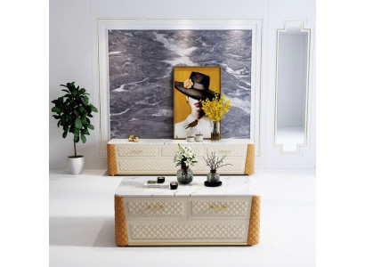 Mueble de televisión, aparador TV RTV XL, mesa de centro imitación mármol 2 piezas
